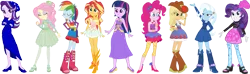 Size: 3981x1184 | Tagged: safe, artist:tylerajohnson352, derpibooru import, applejack, fluttershy, pinkie pie, rainbow dash, rarity, starlight glimmer, sunset shimmer, trixie, twilight sparkle, human, equestria girls, bare shoulders, belt, boots, clothes, converse, dress, eqg promo pose set, female, fingerless gloves, g4, gloves, hat, high heel boots, high heels, image, png, shoes, simple background, sleeveless, solo, strapless, transparent background, vector