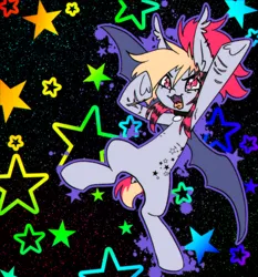 Size: 2448x2624 | Tagged: safe, artist:sierra flyer, derpibooru import, oc, oc:batty bliss, bat pony, pony, abstract background, collar, image, neon, piercing, png, scar, scenecore, self harm, self harm scars, solo, tattoo