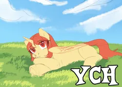 Size: 3000x2136 | Tagged: safe, artist:nika-rain, derpibooru import, oc, alicorn, pony, advertisement, any gender, any race, auction, commission, grass, grass field, image, jpeg, solo, summer, your character here