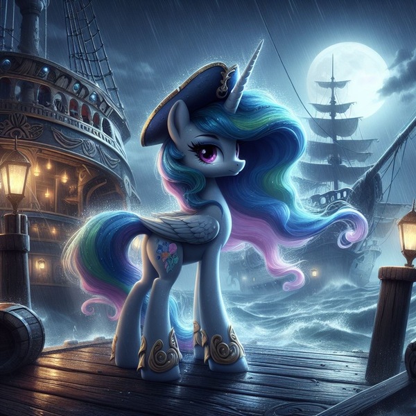 Size: 1024x1024 | Tagged: prompter needed, safe, ai content, derpibooru import, machine learning generated, princess celestia, alicorn, pony, barrel, female, full moon, g4, generator:dall-e 3, hat, image, jpeg, lantern, looking at you, mare, moon, night, night sky, ocean, outdoors, pirate hat, rain, ship, sky, solo, storm, water, wave, wood, wrong cutie mark