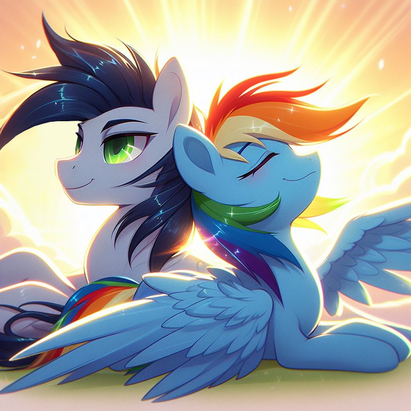 Size: 1024x1024 | Tagged: safe, ai content, derpibooru import, machine learning generated, prompter:*rainbow dash*, rainbow dash, soarin', beach, beautiful, cloud, female, g4, generator:bing image creator, image, male, png, shipping, smiling, soarindash, spread wings, straight, sun, wings