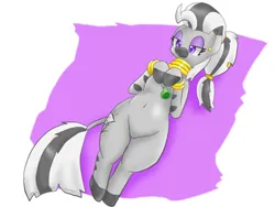 Size: 800x600 | Tagged: safe, artist:kushina13, derpibooru import, oc, oc:matriarch zeg'us, unofficial characters only, pony, zebra, bedroom eyes, belly button, female, hooves to the chest, image, jpeg, lying down, mare, on back, simple background, smiling, solo, white background, wide hips, zebra oc