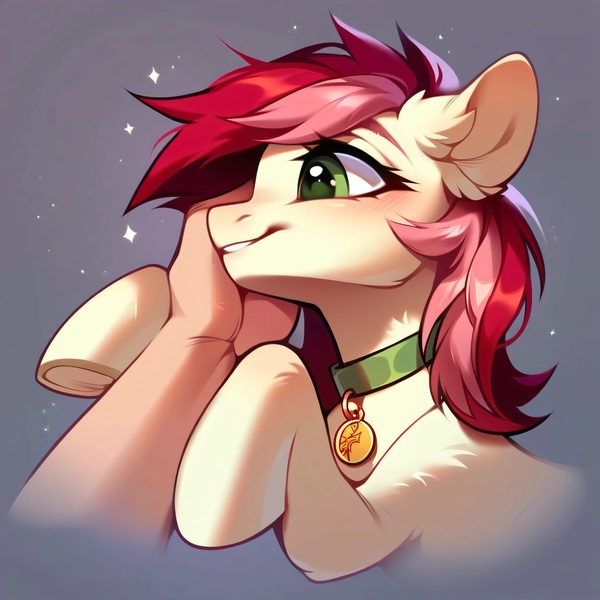 Size: 4096x4096 | Tagged: safe, ai content, derpibooru import, machine learning generated, prompter:doom9454, stable diffusion, roseluck, human, pony, behaving like a cat, bust, collar, cute, fluffy, generator:purplesmart.ai, hand, image, jpeg, offscreen character, offscreen human, pet tag, petting, pony pet, portrait, rosepet