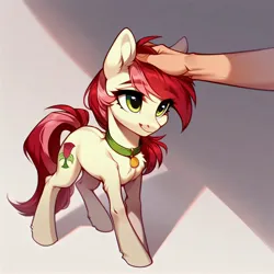 Size: 4096x4096 | Tagged: safe, ai content, derpibooru import, machine learning generated, prompter:doom9454, stable diffusion, roseluck, human, pony, behaving like a cat, collar, cute, fluffy, generator:purplesmart.ai, hand, image, jpeg, offscreen character, offscreen human, pet tag, petting, pony pet, rosepet, standing