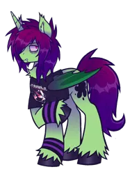 Size: 2050x2745 | Tagged: safe, artist:mxmx fw, derpibooru import, oc, oc:midnight ray, unofficial characters only, bat pony, bat pony unicorn, hybrid, pony, unicorn, derpibooru community collaboration, 2024 community collab, bat wings, chest fluff, clothes, ear fluff, emo, fangs, folded wings, gloves, hair over one eye, hoof polish, horn, image, png, shirt, solo, two toned mane, unshorn fetlocks, wings