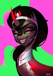 Size: 2066x2965 | Tagged: safe, artist:annna markarova, derpibooru import, king sombra, pony, unicorn, female, horn, image, jpeg, queen umbra, rule 63, simple background, smiling, solo, solo female
