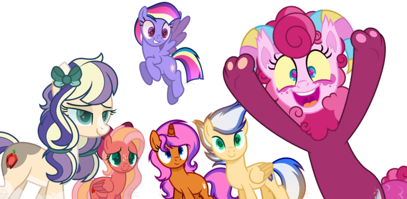 Size: 1024x500 | Tagged: safe, artist:elementbases, artist:pegasister64, derpibooru import, oc, oc:precious, oc:raspberry streudel, oc:rosie quartz, oc:ruby apple, oc:sunburn, oc:vista rush, unofficial characters only, earth pony, pegasus, pony, unicorn, base used, bow, colored pupils, cute, cute little fangs, fangs, female, freckles, hair bow, horns, image, interspecies offspring, magical lesbian spawn, male, mare, next generation, offspring, open mouth, open smile, outline, parent:applejack, parent:big macintosh, parent:discord, parent:flash sentry, parent:fluttershy, parent:pinkie pie, parent:rainbow dash, parent:rarity, parent:sunset shimmer, parent:twilight sparkle, parents:discopie, parents:flashimmer, parents:fluttermac, parents:rarijack, parents:twidash, png, simple background, smiling, stallion, transparent background, white outline