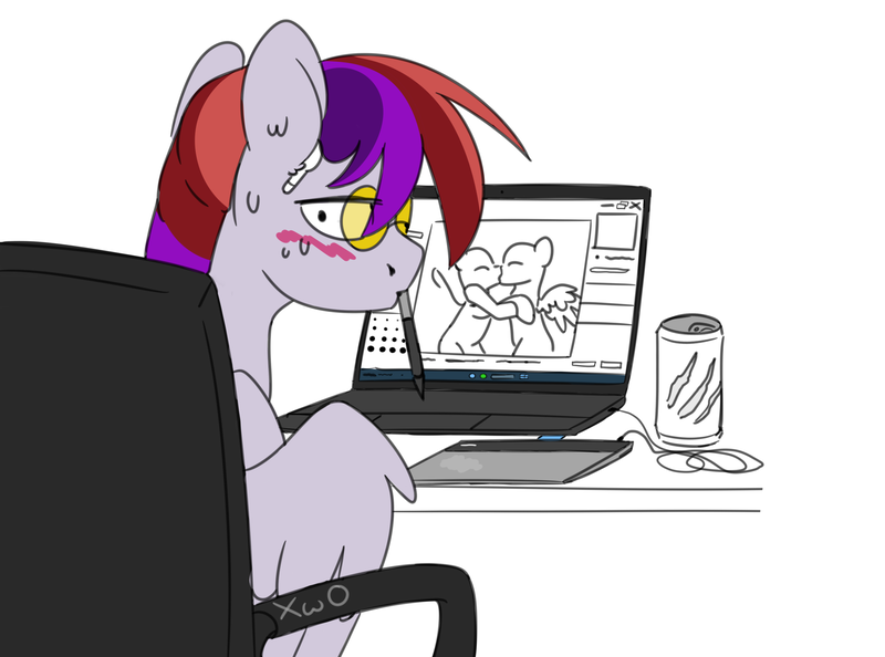 Size: 3100x2300 | Tagged: safe, artist:xwosya, derpibooru import, oc, oc:xwosya, unofficial characters only, pegasus, airpods, blushing, breaking the fourth wall, chair, colored, colored sketch, computer, confused, desk, drawing, drawing tablet, drink, earbuds, energy drink, female, glasses, image, kissing, laptop computer, looking at you, pegasus oc, png, simple background, sitting, sketch, solo, solo female, stylus, wacom, white background, wings