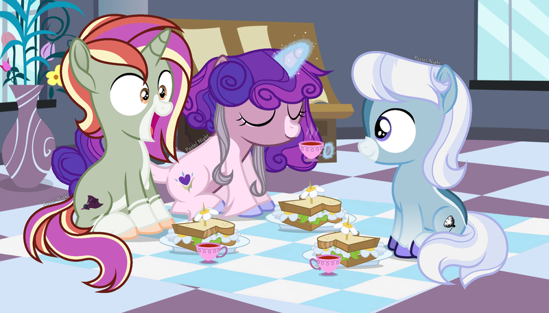 Size: 2408x1374 | Tagged: safe, artist:pastelnightyt, derpibooru import, oc, oc:elegant heart, oc:photo shoot, oc:satin stitch, earth pony, pony, unicorn, colt, cup, daffodil and daisy sandwich, female, filly, foal, food, image, magic, male, offspring, parent:fancypants, parent:fleur-de-lis, parent:hoity toity, parent:photo finish, parent:sassy saddles, parent:trenderhoof, parents:fancyfleur, parents:photoity, parents:trendersaddles, png, sandwich, teacup