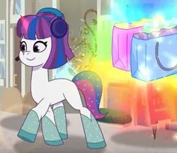 Size: 669x577 | Tagged: safe, derpibooru import, screencap, unnamed character, unnamed pony, pony, unicorn, g5, my little pony: tell your tale, spoiler:g5, spoiler:my little pony: tell your tale, spoiler:tyts02e01, cropped, female, glow, glowing horn, headphones, horn, icy prints, image, mare, png, smiling