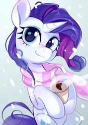 Size: 904x1280 | Tagged: safe, artist:anotherdeadrat, derpibooru import, rarity, pony, unicorn, clothes, coffee, coffee cup, cup, g4, image, jpeg, scarf, smiling, solo