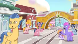 Size: 3072x1727 | Tagged: safe, derpibooru import, screencap, phyllis cloverleaf, unnamed character, earth pony, pegasus, pony, unicorn, g5, my little pony: tell your tale, spoiler:g5, spoiler:my little pony: tell your tale, spoiler:tyts02e01, :o, dazey puzzle, female, filly, flare (g5), foal, icy prints, image, indonesian, jpeg, lemon gear, male, mare, open mouth, open smile, paisley bluebell, plum library, smiling, stallion, subtitles, sugarpuff lilac