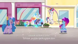 Size: 3072x1727 | Tagged: safe, derpibooru import, screencap, izzy moonbow, zipp storm, pegasus, pony, unicorn, g5, my little pony: tell your tale, spoiler:g5, spoiler:my little pony: tell your tale, spoiler:tyts02e01, :o, eyebrows, female, headphones, icy prints, image, indonesian, jpeg, jump rope, madame taffytail, magic, mare, misty brightdawn, open mouth, open smile, raised eyebrow, rebirth misty, señor butterscotch, smiling, telekinesis