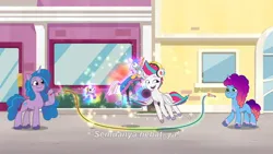 Size: 3072x1727 | Tagged: safe, derpibooru import, screencap, izzy moonbow, zipp storm, pegasus, pony, unicorn, g5, my little pony: tell your tale, spoiler:g5, spoiler:my little pony: tell your tale, spoiler:tyts02e01, female, flying, headphones, icy prints, image, indonesian, jpeg, jump rope, madame taffytail, magic, mare, misty brightdawn, open mouth, open smile, rebirth misty, señor butterscotch, smiling, spread wings, subtitles, telekinesis, wings