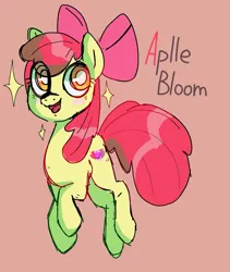 Size: 1113x1321 | Tagged: safe, artist:birch_cat, derpibooru import, apple bloom, earth pony, pony, female, filly, foal, image, jpeg, misspelling, orange background, simple background, solo, sparkles, text