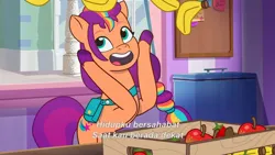 Size: 3072x1727 | Tagged: safe, derpibooru import, screencap, sunny starscout, earth pony, pony, g5, my little pony: tell your tale, spoiler:g5, spoiler:my little pony: tell your tale, spoiler:tyts02e01, apple, banana, female, food, icy prints, image, indonesian, jpeg, mare, open mouth, open smile, smiling, solo, subtitles
