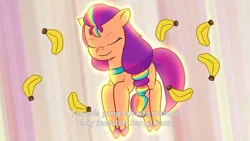Size: 3072x1727 | Tagged: safe, derpibooru import, screencap, sunny starscout, earth pony, pony, g5, my little pony: tell your tale, spoiler:g5, spoiler:my little pony: tell your tale, spoiler:tyts02e01, banana, eyes closed, female, food, icy prints, image, indonesian, jpeg, mare, smiling, solo, subtitles, transformation, transformation sequence