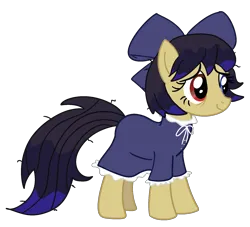 Size: 1750x1587 | Tagged: safe, artist:notsafeforsanity, derpibooru import, oc, oc:jorse, unofficial characters only, earth pony, derpibooru community collaboration, 2024 community collab, bags under eyes, blue eyes, bow, clothes, dress, female, g4, hair bow, heterochromia, image, png, red eyes, show accurate, simple background, solo, solo female, transparent background