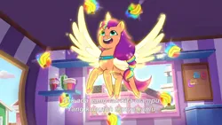Size: 3072x1727 | Tagged: safe, derpibooru import, screencap, sunny starscout, alicorn, pony, g5, my little pony: a new generation, my little pony: tell your tale, spoiler:g5, spoiler:my little pony: tell your tale, spoiler:tyts02e01, banana, female, flying, food, icy prints, image, indonesian, jpeg, magic, mare, open mouth, open smile, race swap, smiling, solo, spread wings, subtitles, sunnycorn, telekinesis, wings