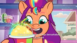 Size: 3072x1727 | Tagged: safe, derpibooru import, screencap, sunny starscout, alicorn, pony, g5, my little pony: a new generation, my little pony: tell your tale, spoiler:g5, spoiler:my little pony: tell your tale, spoiler:tyts02e01, banana, drink, female, food, icy prints, image, jpeg, magic, mare, open mouth, open smile, race swap, smiling, smoothie, solo, sunnycorn, telekinesis