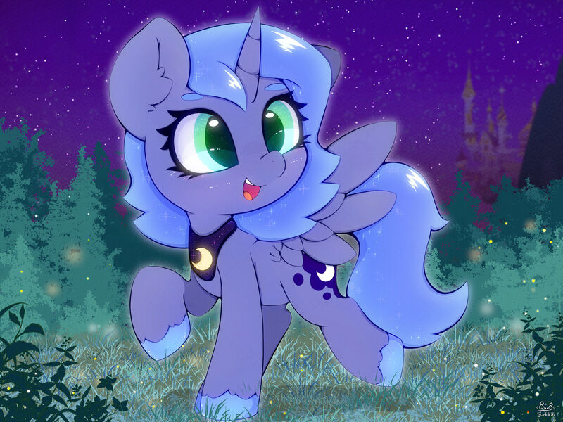 Size: 4000x3000 | Tagged: safe, artist:zokkili, derpibooru import, princess luna, alicorn, pony, canterlot, colored eyebrows, cute, ear fluff, eyebrows, female, g4, grass, high res, horn, image, jpeg, lunabetes, mare, night, night sky, open mouth, open smile, outdoors, raised hoof, raised leg, sky, smiling, solo, spread wings, stars, unshorn fetlocks, wings