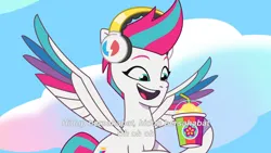 Size: 3072x1727 | Tagged: safe, derpibooru import, screencap, zipp storm, pegasus, pony, g5, my little pony: tell your tale, spoiler:g5, spoiler:my little pony: tell your tale, spoiler:tyts02e01, banana, drink, female, flying, food, headphones, icy prints, image, indonesian, jpeg, mare, open mouth, open smile, smiling, smoothie, solo, spread wings, subtitles, wings