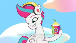 Size: 3072x1727 | Tagged: safe, derpibooru import, screencap, zipp storm, pegasus, pony, g5, my little pony: tell your tale, spoiler:g5, spoiler:my little pony: tell your tale, spoiler:tyts02e01, banana, drink, female, flying, food, grin, headphones, icy prints, image, indonesian, jpeg, mare, one eye closed, smiling, smoothie, solo, spread wings, subtitles, wings, wink