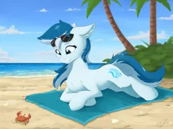 Size: 2275x1705 | Tagged: safe, artist:wolfypon, derpibooru import, oc, oc:serene dive, unofficial characters only, crab, earth pony, pony, beach, belly, cheek fluff, chest fluff, cloud, eyelashes, female, image, leg fluff, mare, palm tree, png, signature, smiling, solo, sunglasses, sunglasses on head, towel, tree, water
