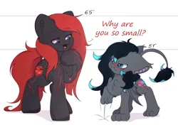 Size: 1700x1200 | Tagged: safe, artist:eventseem, derpibooru import, oc, oc:obsidian blossom, unofficial characters only, earth pony, hybrid, pony, angry, bat wings, blushing, crystal, duo, female, floppy ears, image, mare, open mouth, png, quadrupedal, red and black oc, simple background, smol, text, white background, wings