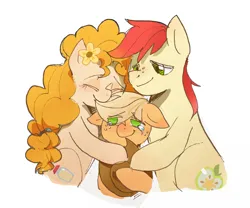 Size: 2828x2355 | Tagged: safe, artist:皮了个鼠, derpibooru import, applejack, bright mac, pear butter, earth pony, pony, crying, female, filly, filly applejack, foal, hug, image, male, mare, png, simple background, stallion, white background, younger