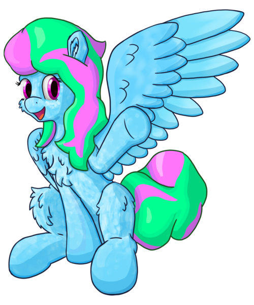 Size: 1800x2160 | Tagged: safe, artist:callichrome, derpibooru import, oc, unofficial characters only, pegasus, pony, derpibooru community collaboration, 2024 community collab, chest fluff, coat markings, dappled, female, fluffy, image, pegasus oc, png, simple background, smiling, solo, transparent background, waving, wings