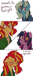 Size: 2000x4500 | Tagged: semi-grimdark, artist:starsbursts, derpibooru import, sunset shimmer, trixie, twilight sparkle, twilight sparkle (alicorn), alicorn, pony, unicorn, blushing, broken horn, clothes, comic, female, gritted teeth, horn, image, jacket, lesbian, mare, png, scar, shipping, shirt, simple background, spanish, stitched body, stitches, sunsetsparkle, sweat, sweatdrop, sweatdrops, t-shirt, teeth, translated in the description, trio, white background