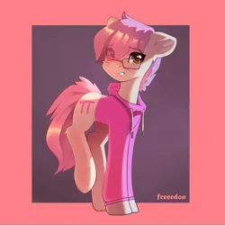 Size: 3000x3000 | Tagged: safe, artist:freeedon, derpibooru import, oc, oc:kiki strawberries, unofficial characters only, earth pony, pony, clothes, ear fluff, earth pony oc, eye clipping through hair, eyebrows, eyebrows visible through hair, female, femboy, glasses, high res, hoodie, image, looking at you, male, mare, png, smiling, smiling at you, solo, stallion