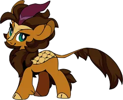 Size: 2233x1823 | Tagged: safe, artist:jennithedragon, derpibooru import, oc, oc:earthen spark, unofficial characters only, kirin, derpibooru community collaboration, 2024 community collab, brown mane, cloven hooves, green eyes, image, kirin oc, leonine tail, looking at you, orange body, orange coat, orange fur, png, scales, simple background, smiling, solo, tail, transparent background