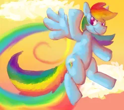 Size: 1292x1147 | Tagged: safe, artist:yellowcoatrobot, derpibooru import, rainbow dash, pegasus, pony, female, flying, image, mare, png, rainbow trail, raised hoof, smiling, smirk, solo