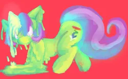 Size: 2746x1698 | Tagged: safe, artist:yellowcoatrobot, derpibooru import, oc, oc:shimmer spark, unofficial characters only, pony, unicorn, glow, glowing horn, high res, horn, image, melting, png, red background, simple background, solo, wide eyes