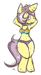 Size: 768x1422 | Tagged: safe, artist:yellowcoatrobot, derpibooru import, oc, oc:shimmer spark, unofficial characters only, anthro, unguligrade anthro, unicorn, arm behind head, bikini, blushing, breasts, choker, clothes, female, image, png, rainbow underwear, simple background, solo, swimsuit, underwear, white background