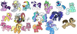 Size: 2466x1116 | Tagged: safe, artist:yellowcoatrobot, derpibooru import, applejack, big macintosh, derpy hooves, discord, doctor whooves, fluttershy, lyra heartstrings, pinkie pie, princess celestia, princess luna, rainbow dash, rarity, spike, time turner, trixie, twilight sparkle, vinyl scratch, draconequus, dragon, earth pony, pegasus, pony, unicorn, female, food, heart, image, male, mane six, mare, muffin, pinkamena diane pie, png, rearing, scroll, simple background, sitting, stallion, unicorn twilight, white background