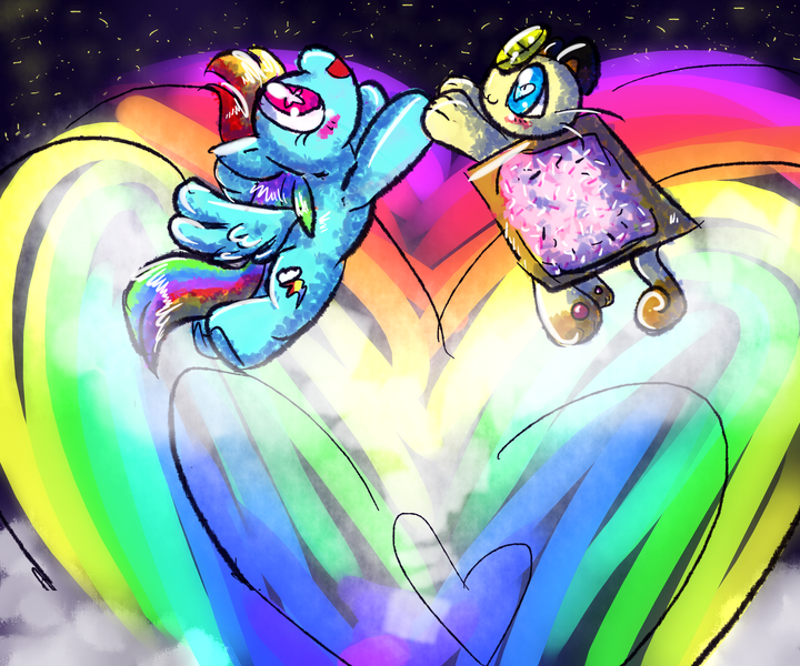 Size: 2584x2152 | Tagged: safe, artist:yellowcoatrobot, derpibooru import, rainbow dash, meowth, pegasus, pony, duo, female, flying, heart, high res, image, mare, nyan cat, open mouth, open smile, png, pokémon, rainbow trail, smiling