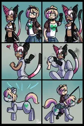 Size: 800x1200 | Tagged: safe, artist:tanukeki, derpibooru import, oc, unofficial characters only, earth pony, human, pony, carrot on a stick, duo, female, hypnosis, image, png, ponysuit, riding