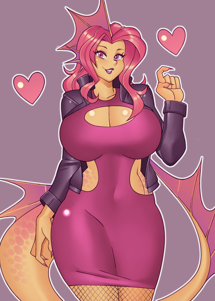 Size: 2500x3500 | Tagged: safe, artist:nauth, derpibooru import, oc, oc:fermata, siren, big breasts, breasts, celestia's dragon breeding program, clothes, commission, dress, egg, hatching, huge breasts, image, jacket, jpeg, offspring, parent:adagio dazzle, parent:spike, parents:adagiospike