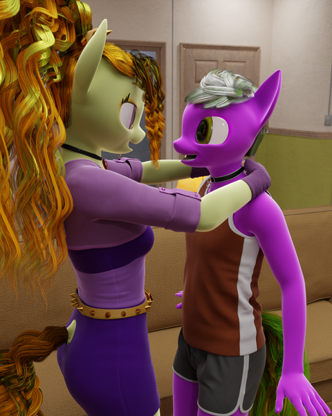 Size: 1080x1350 | Tagged: safe, artist:stellarator, derpibooru import, adagio dazzle, oc, oc:peach cobbler, oc:smoothie, anthro, unguligrade anthro, comic:we will be adored, 3d, blender, blender cycles, collar, cycles render, g4, image, looking at each other, looking at someone, not sfm, png