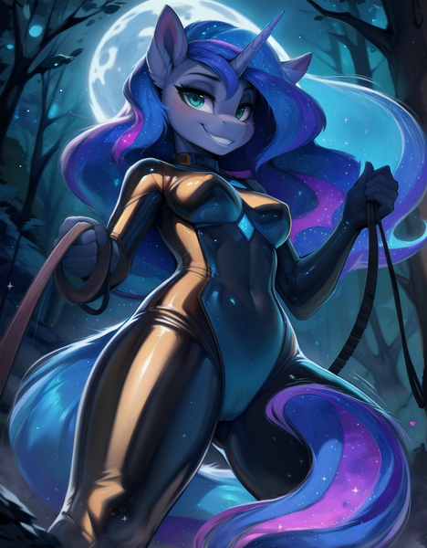 Size: 936x1200 | Tagged: suggestive, ai content, derpibooru import, machine learning generated, prompter:tial, stable diffusion, princess luna, anthro, bedroom eyes, belly button, blushing, breasts, cameltoe, clothes, ear fluff, female, forest, from below, g4, generator:easyfluff v11.2, horn, image, latex, latex suit, leash, looking at you, low angle, moon, nature, night, outdoors, png, solo, solo female, tail, tree, viewer on leash, wide hips