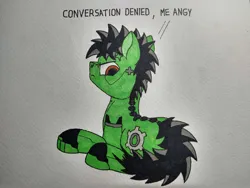 Size: 4000x3000 | Tagged: safe, artist:zocidem, derpibooru import, oc, oc:wrench, earth pony, pony, angry, augmented, drawing, image, looking at you, lying down, male, no shading, png, simple background, solo, speech bubble, traditional art