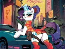 Size: 1024x768 | Tagged: safe, ai content, derpibooru import, machine learning generated, stable diffusion, rarity, pony, unicorn, alternate hairstyle, blushing, building, butt, car, cheongsam, chinese text, cigarette, city, cityscape, clothes, dress, female, flower, flower in hair, g4, generator:pony diffusion v6 xl, generator:purplesmart.ai, i can't believe it's not idw, image, leaning, looking at you, looking back, looking back at you, magic, magic aura, mare, moon runes, outdoors, plot, png, pouch, prompt in description, prompter:siber, rear view, socks, solo, tail, tail wrap, thigh highs