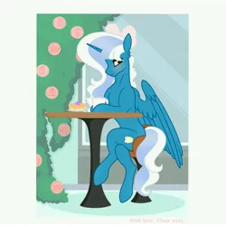 Size: 6890x6890 | Tagged: safe, artist:riofluttershy, derpibooru import, oc, oc:fleurbelle, unofficial characters only, alicorn, pony, alicorn oc, blushing, bow, cake, chair, coffee, coffee mug, female, flower, food, hair bow, horn, image, jpeg, mare, mug, sitting, smiling, solo, table, window, wings, yellow eyes