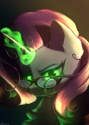 Size: 2806x3969 | Tagged: safe, artist:harukiicat, derpibooru import, rarity, pony, unicorn, inspiration manifestation, bust, female, g4, glasses, glow, glowing eyes, glowing horn, green magic, high res, horn, image, inspirarity, looking at you, magic, magic aura, mare, png, possessed, signature, solo
