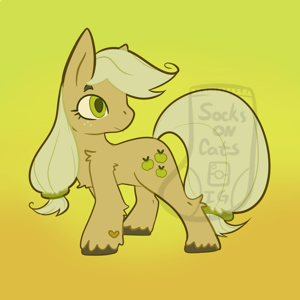 Size: 1991x1991 | Tagged: safe, artist:soxoncats, derpibooru import, applejack, earth pony, pony, female, huevember, image, missing accessory, old art, png, simple background, solo, solo female, watermark, yellow background, yellow eyes