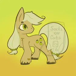 Size: 1991x1991 | Tagged: safe, artist:soxoncats, derpibooru import, applejack, earth pony, pony, female, huevember, image, missing accessory, old art, png, simple background, solo, solo female, watermark, yellow background, yellow eyes