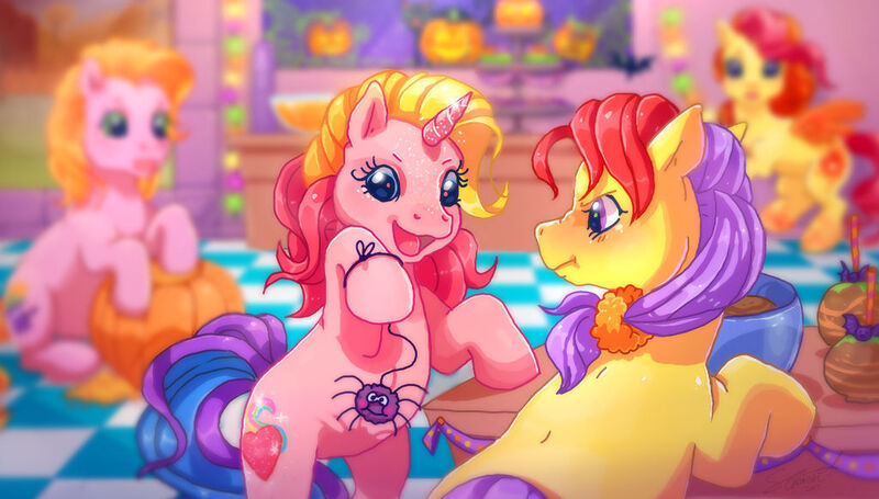 Size: 1024x583 | Tagged: safe, artist:conphetty, derpibooru import, apple spice, candy apples, rarity (g3), earth pony, pegasus, pony, spider, unicorn, g3, annoyed, apple family member, duo focus, female, filly, foal, halloween, holiday, image, jpeg, magic marigold, mare, nose wrinkle, open mouth, open smile, pearly pie, playing, ponytail, pumpkin, smiling